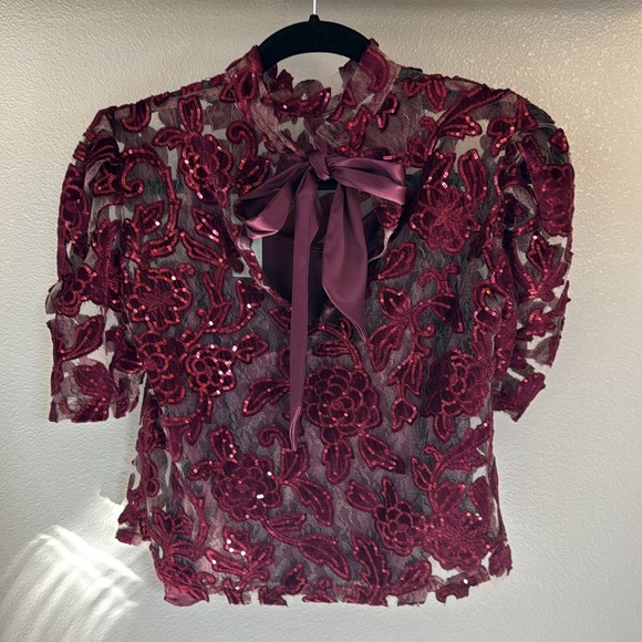 NWT Anthropologie Lace/Sequence Tie Back Puff Sleeve Burgundy Top, XXS petite - Picture 7 of 12